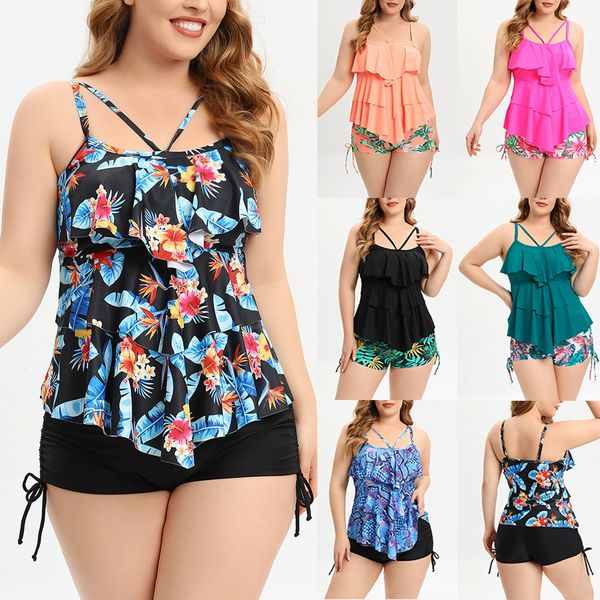 

women's plus size swimwear ruffled trim bikini conservative bathing suit, Black