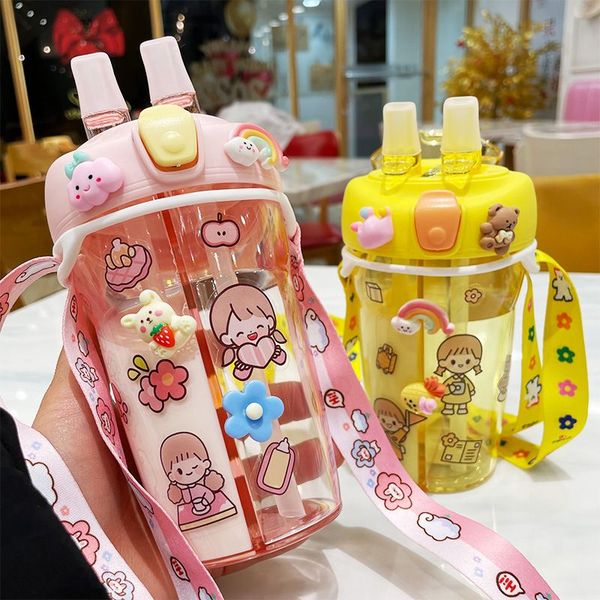 

cute cartoon water bottle plastic with straw student kids with diy 3d sticker