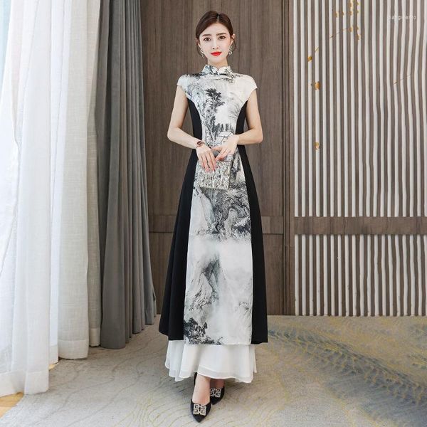 

ethnic clothing summer elegant slim womens landscape painting cheongsam black white patchwork dress vintage chinese style chiffon, Red