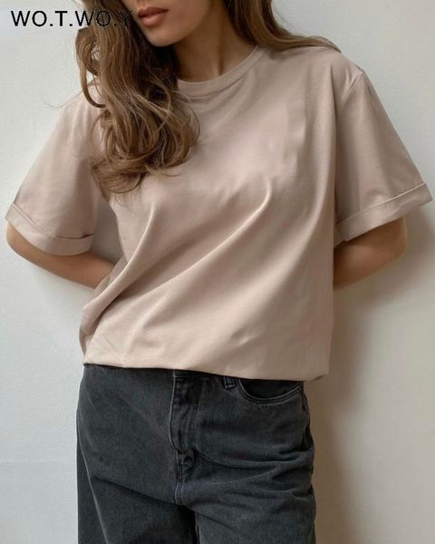 

women's t-shirt wotwoy casual basic knitted cotton t-shirts women solid oversized tee shirt female o-neck loose summer cozzy harajuku, White