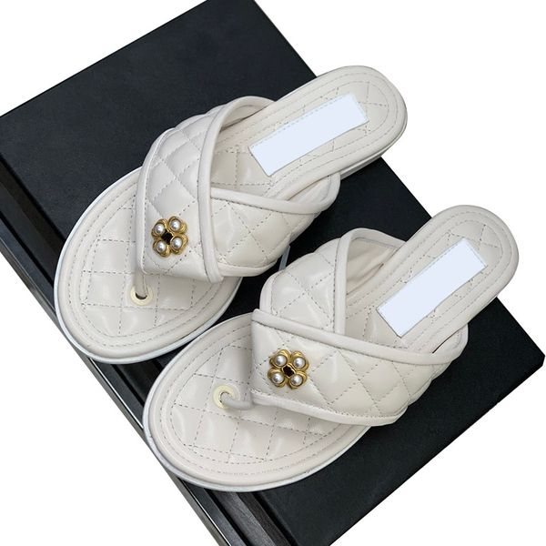 

womens thong sandals with low heels slippers calfskin quilted texture flip flops faux pearl beach shoe designer slip on slide casual mules l, Black