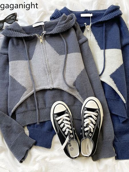 

women's knits tees gaganight women casual hooded contrast color star printed zipper short sweater autumn winter retro knitted female 23, White