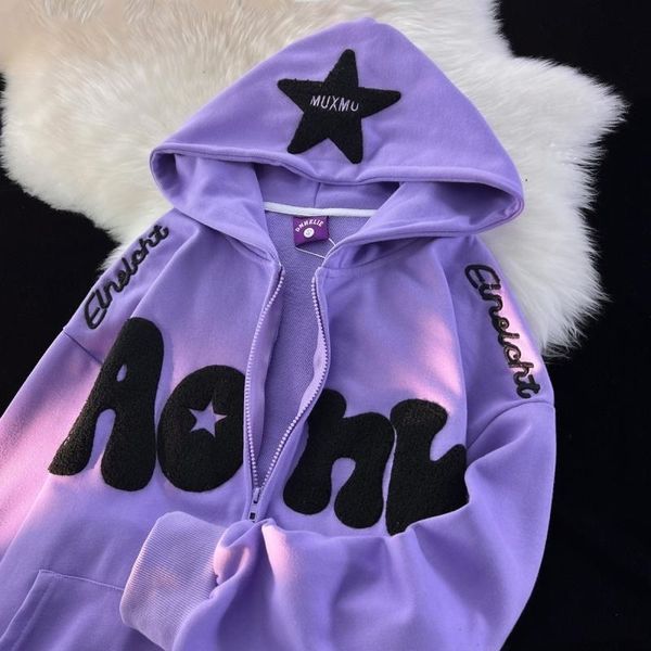 

womens hoodies sweatshirts y2k zip up hoodie harajuku americanstyle retro high street embroidery stars zipper hoodie women loose lazy style, Black