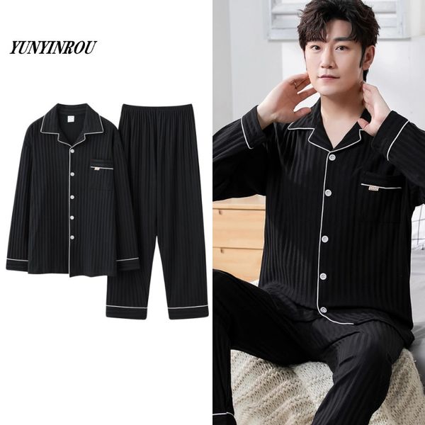 

men's sleepwear l-5xl autumn luxury pyjamas knited cotton mens pajamas set long black sleepwear pyjamas nightsuits pijamas plus size ho, Black;brown