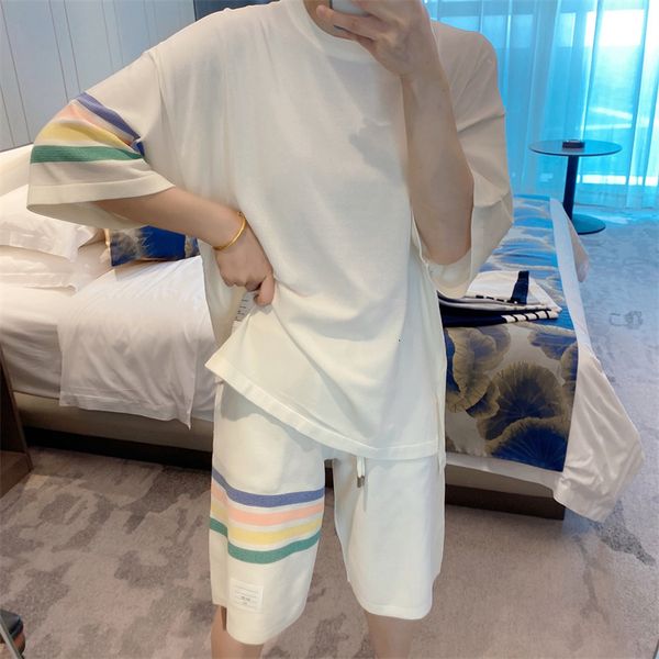 

womens two piece pants summer tb fourbar color bar large version of ice linen knitted shortsleeved tshirt casual sports shorts suit 230317, White