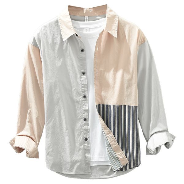 

switching contrasting trendy long -sleeved shirt men's new japanese retro design sense pure cotton casual shirt jacket, White;black