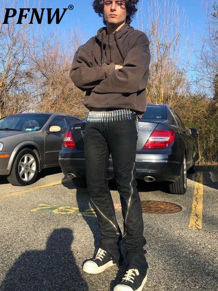 

men's jeans pfnw independent main line ro style waxed long zipper darkwear high street autumn niche denim trousers 12a5744 230320, Blue
