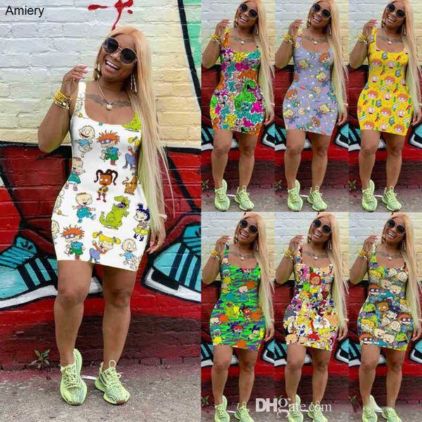 

retail womens casual dresses designer cartoon mini skirt sleeveless one piece dress woman nightclub plus size 3xl ladys summer clothing, Black;gray