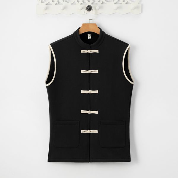 

men's vests chinese traditional hanfu fleece vest men linen cotton sleeveless padded jacket mens tang suit cardigan male warm waistcoat, Black;white