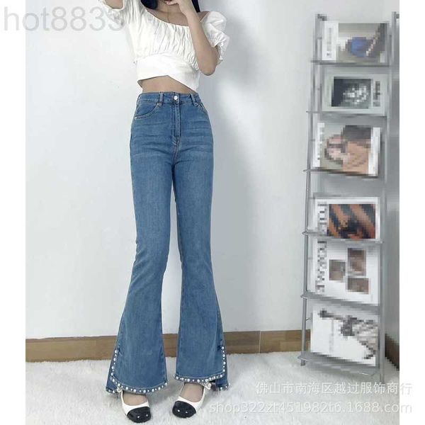 

women's jeans designer early spring 2022 new pant hem heavy work pin bead cropped flare pants with split sides owdr, Blue