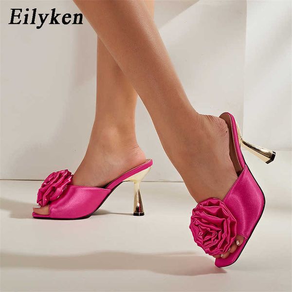 

sandals designer satin flower mule high heels women slippers summer fashion square toe party dress slides shoes 230320, Black