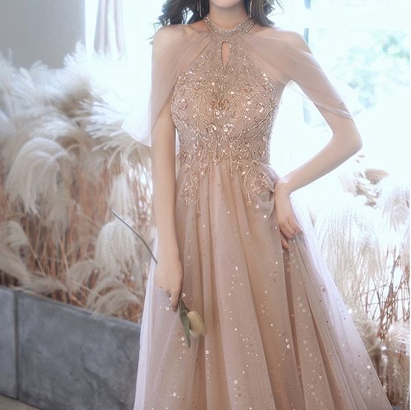 

grace champagne prom dresses halter neck shiny appliques sequin beading tulle a-line formal banquet guests evening gowns new, Black