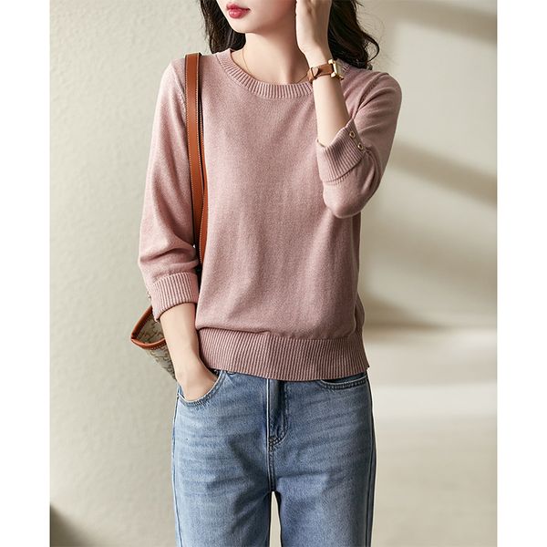 

women's knits tees vimly oneck knitted woman autumn shiny silk spring three quarter sleeve loose elegant sweater soft 71033 230317, White