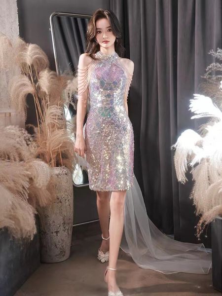 

candy pink prom dresses mermaid halter sequin knee length beading tassel zipper vintage celebrity evening party gowns with train, Black