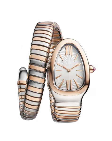 

women's watch 32mm stainless steel double wound snake shaped imported quartz movement spring strap small bracelet, Slivery;golden