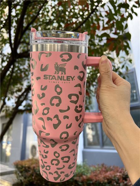 

40oz leopard stanley tumblers cups with logo handle lid straw stainless steel insulated tumbler travel car mugs insulated water bottles keep