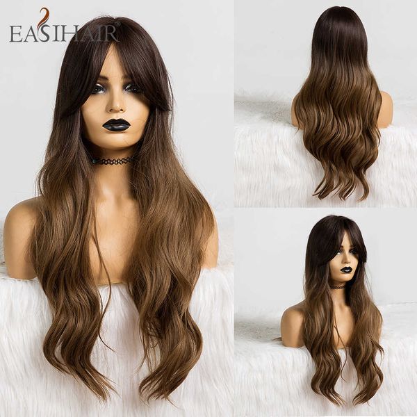 

synthetic wigs easihair long ombre brown wavy synthetic wigs for women with bangs heat resistant blonde cosplay daily natural hair 230227, Black