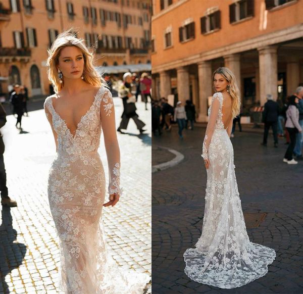 

berta fancy mermaid wedding dress lace floral appliqued beaded deep v neck backless long sleeves bridal gowns custom made vestidos5483224, White