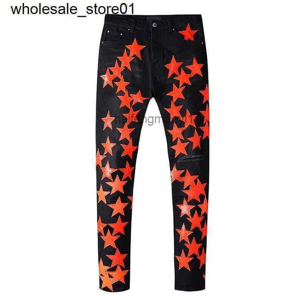 

men's jeans designer black five pointed star patch fashion jeans men's jeans, Blue