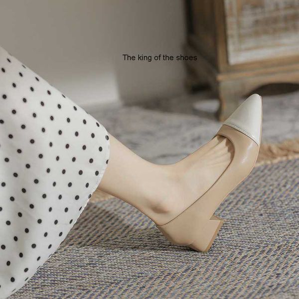 

dress shoes small fragrant single shoes women's 2022 leather color contrast pointed shallow mouth spring and autumn new thick heel shoe, Black
