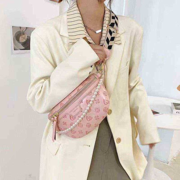 

hbp waist bags holographic fanny pack women pearl chain leather wide shoulder crossbody chest travel female banana phone purse 220423