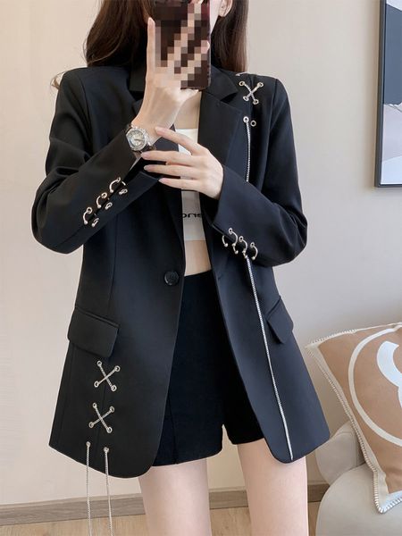 

womens suits blazers french vintage blazers spring autumn female slim chain long sleeve coat femme all match pockets single breasted women, White;black