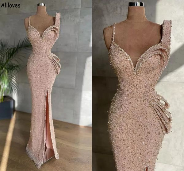 

light pink sparkle crystals prom dresses spaghetti straps ruched dazzling sequins beaded mermaid evening party gowns side split second recep, Black