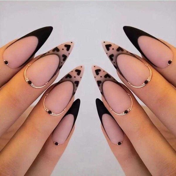 

false nails wearing nail with black edge french gold thread rhinestone love wearing patch enhancement 230320, Red;gold