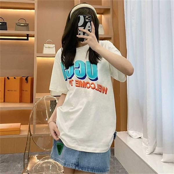 

80% off factory outlet online summer new women's color contrast loose and versatile casual round neck short sleeve t-shirt european hig, White