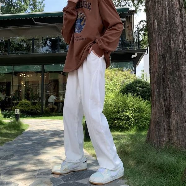 

men's jeans solid y2k white denim straight couple trousers for men elastic waist baggy casual male pants 230320, Blue