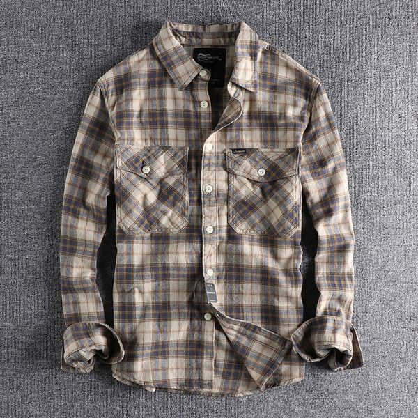 

men's casual shirts autumn american retro tooling plaid shirt men's fashion frosted flannel pure cotton washed old pocket long sle, White;black