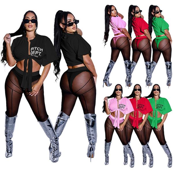 

2023 new designer brand tracksuits women summer outfits two piece sets short sleeve bandage shirt and mesh pants casual sports suits see thr, Gray