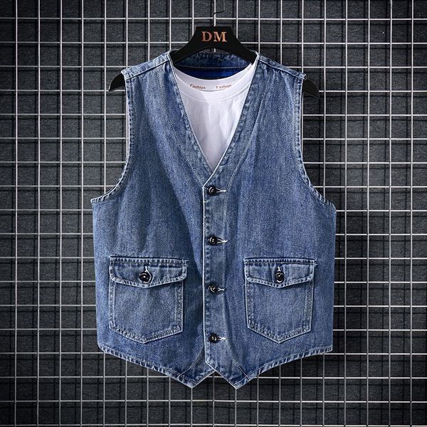 

men's vests spring summer men denim vest jacket fashion loose personality back strap casual blue male sleeveless jean coat 230320, Black;white