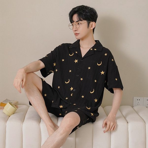 

men's sleepwear men's striped homewear big size l-3xl casual pajamas suit short sleeve shorts loose nightwear comfort pyjamas nigh, Black;brown