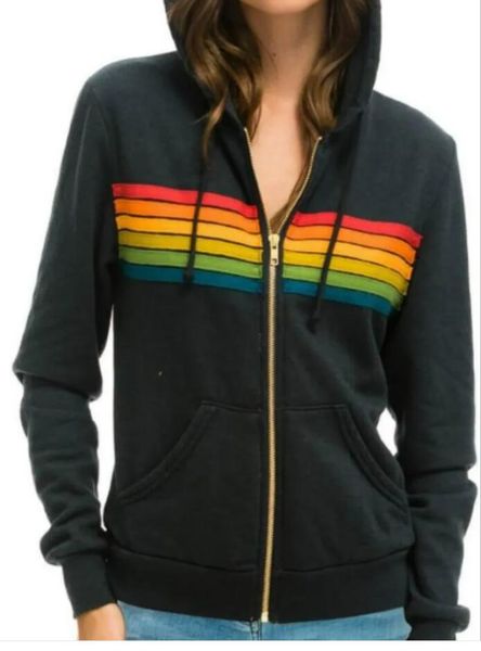 

women's hoodies & sweatshirts women fashion hoodie oversized rainbow stripe long sleeve sweatshirt zipper pocket coat jacket spring cas, Black