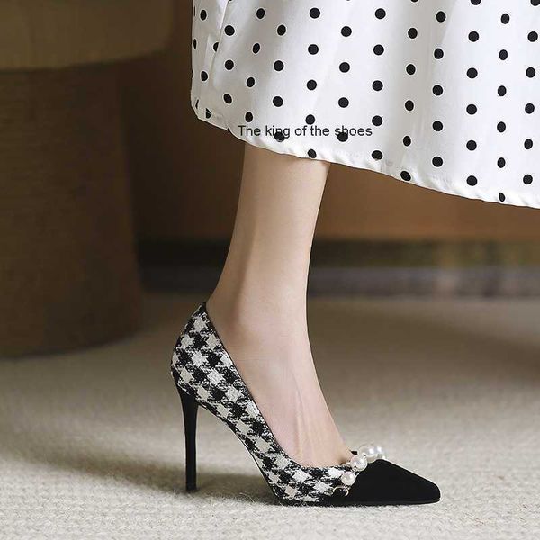 

dress shoes grid high-heeled women's fall new small fragrant professional work shoes pointy temperament small single shoes women, Black