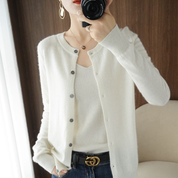 

women's knits tees 2023 spring 100 pure wool cardigan coat female knitted leggings crewneck outside a thin cashmere sweater 230320, White