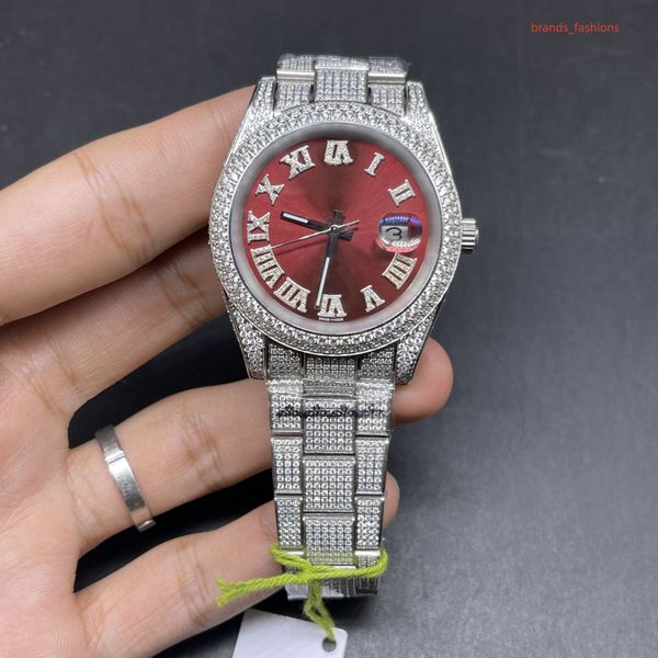 

handmade full of diamonds watch mens automatic mechanical watches red face with diamond-studded steel strap business wristwatches, Slivery;brown