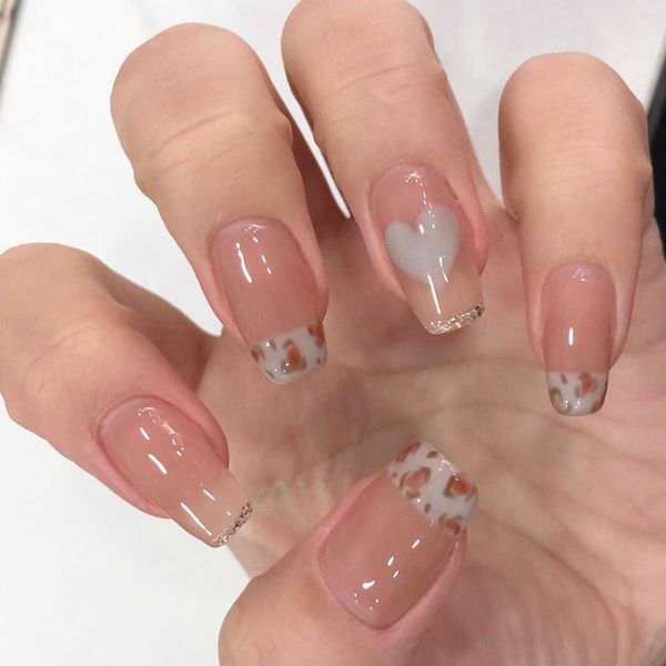 

false nails bare transparent color simple brown coffee leopard pattern wearing nail finished fake enhancement patch removable 230320, Red;gold