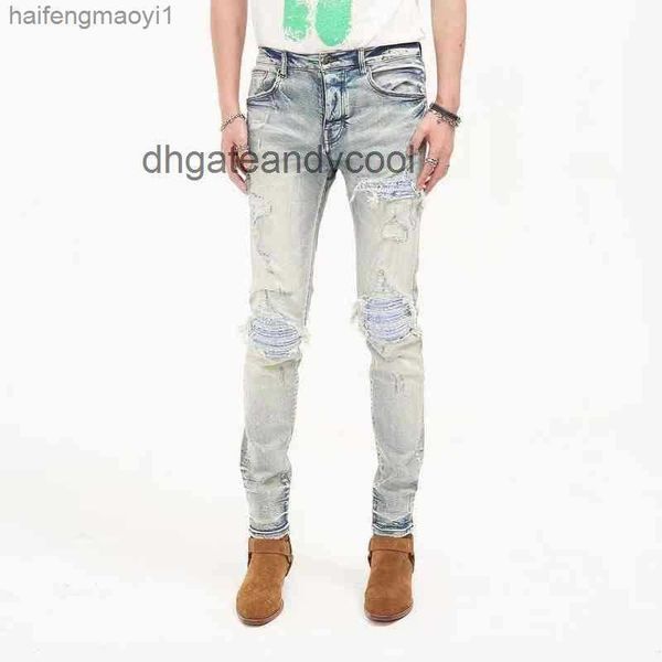 

jeans mens jean pantss mens designer fashion high street brand punk style light blue zipper knee pleated men's tight feet mcuy