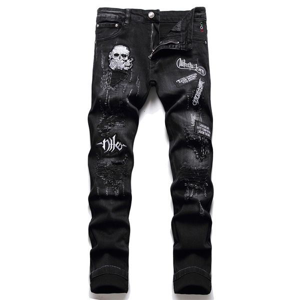 

men's jeans skull embroidery black holes scraped 3d micro chapter stitching worn soft casual cotton trend high elastic 2 230320, Blue