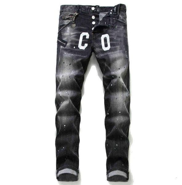 

black and gray paint hole wild european and american version of maple leaf icon personality new jeans men2047788, Blue