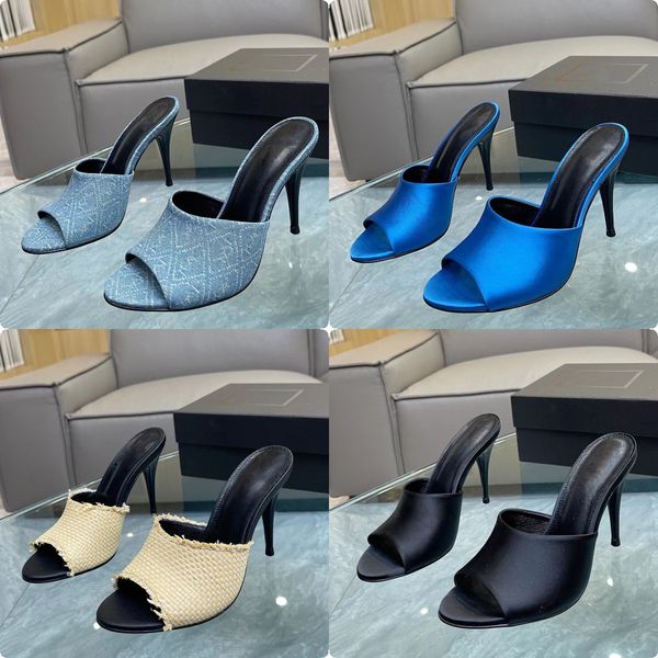 

suite heeled mules in crepe satin womens high heeled slippers fashion denim upper pointed open toe 10cm tapered heel summer luxury designer, Black