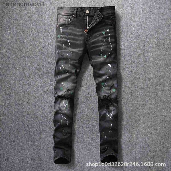 

men jeans street fashion men's jeans with holes painted old black grey slim fit punk hip hop men's pants hip hop fej, Blue