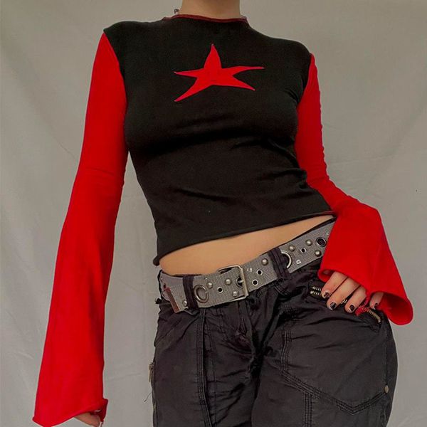 

women's tshirt y2k flared long sleeve cropped pentagram tee and gothic harajuku streetwear aesthetic summer chic fabric emo 230317, White