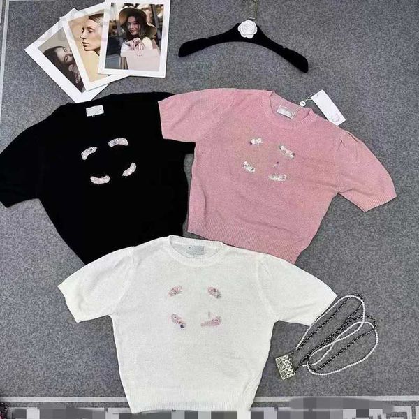 

women's knits & tees designer 2023 summer french celebrity heavy work letter embroidery with diamond knitwear pullover versatile short, White