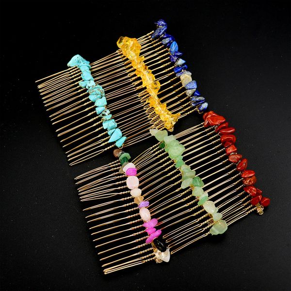 

teeth gold handmade natural chip stone hair comb healing crystal hairpin hair clips clamp bridal wedding headwear for women, Golden;white
