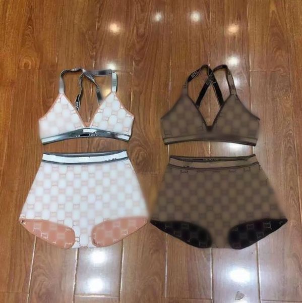 

23ggss brand women's tracksuits swimsuit women's summer new two letter knitted hanging neck gathering bikini thin suit, Gray