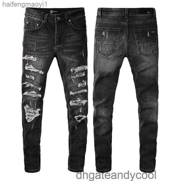 

designer new broken amirs pants man 's amiris black and gray denim hole old jeans cashew flower youth trend versatile slim jeans men 3v, Blue