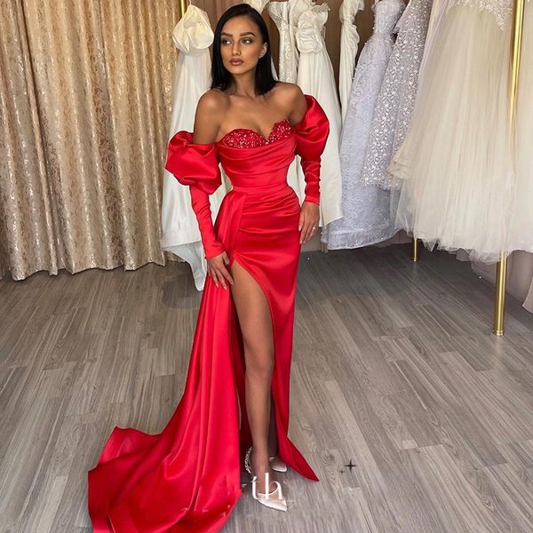 

mermaid red women evening dress 2023 luxury long puffy sleeves beaded sequins stain prom formal gowns abendkleider dubai robe de soiree, Black;red